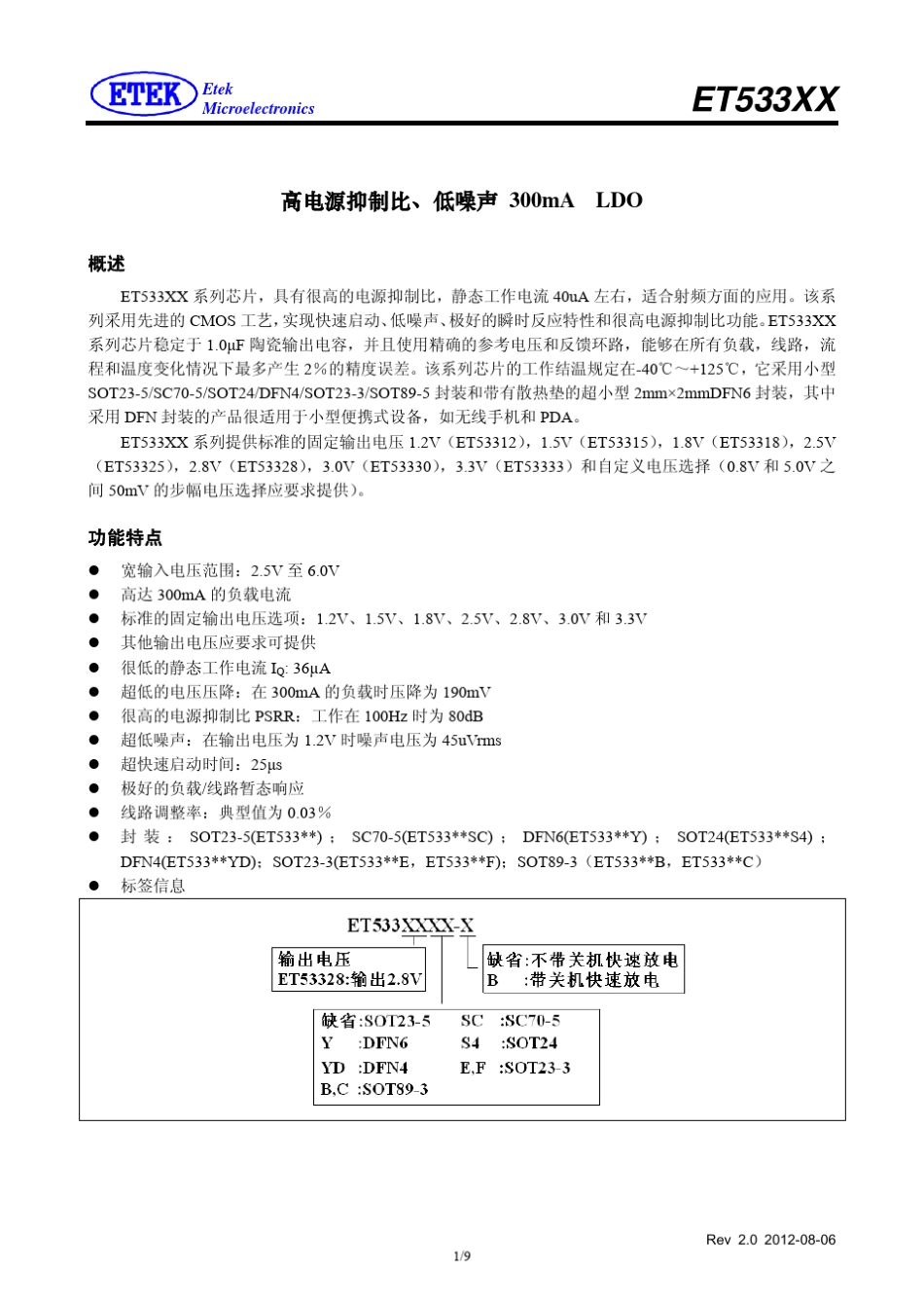 ET533XX高电源抑制比、低噪声300mALDO_第1页