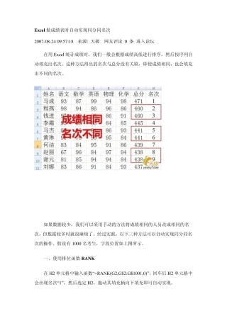 Excel做成绩表时自动实现同分同名次