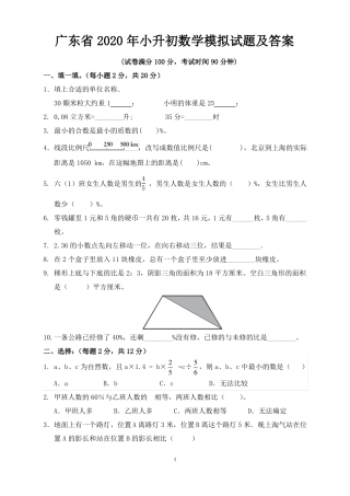 广东2020年小升初数学模拟试题及答案
