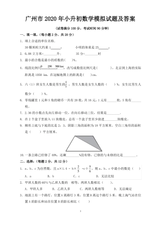 广州2020年小升初数学模拟试题及答案