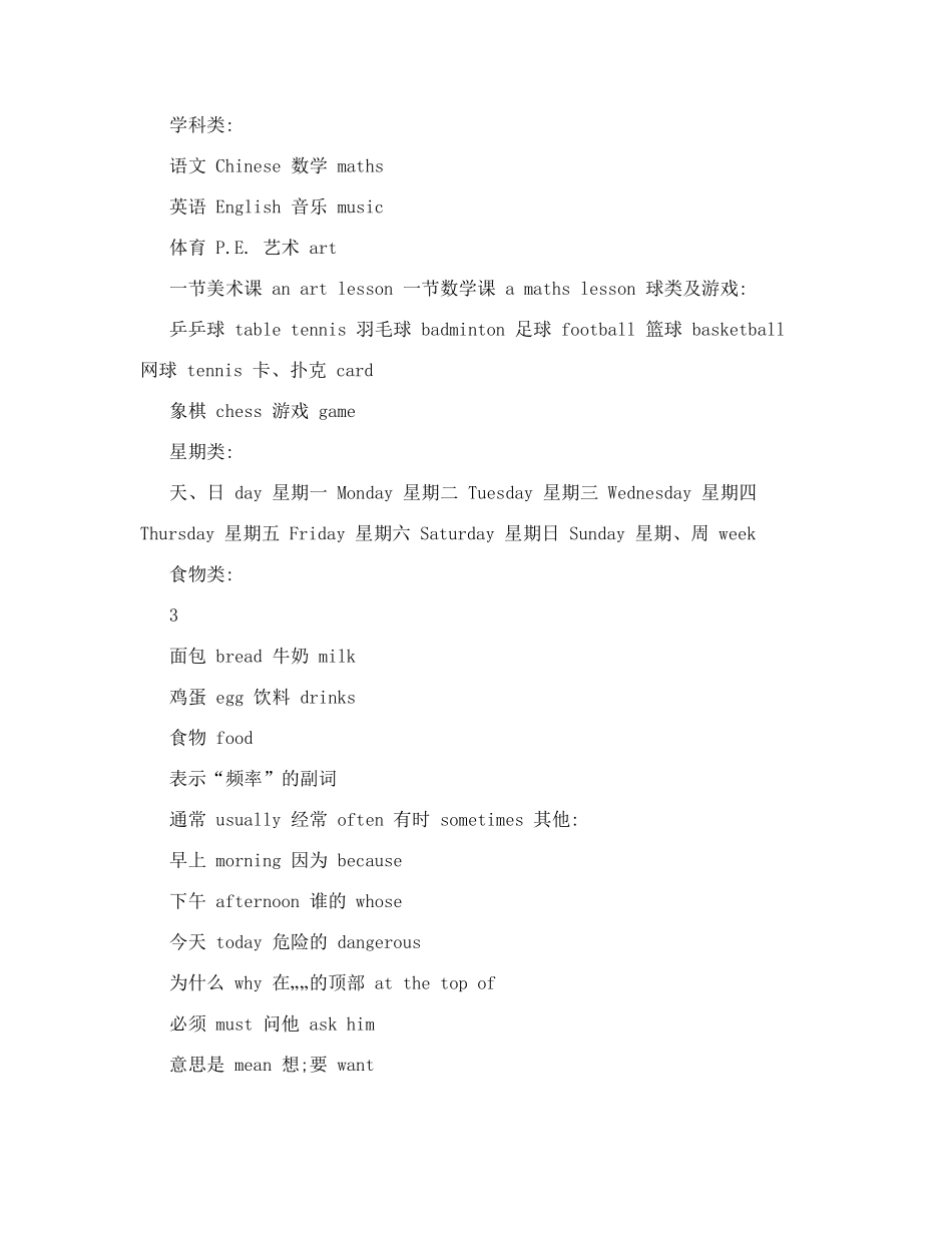 广州版小学英语四年级上册单词归类和语法归类_第3页