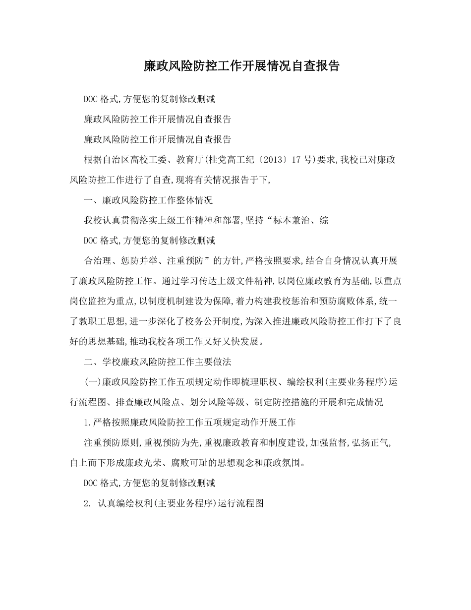 廉政风险防控工作开展情况自查报告_第1页