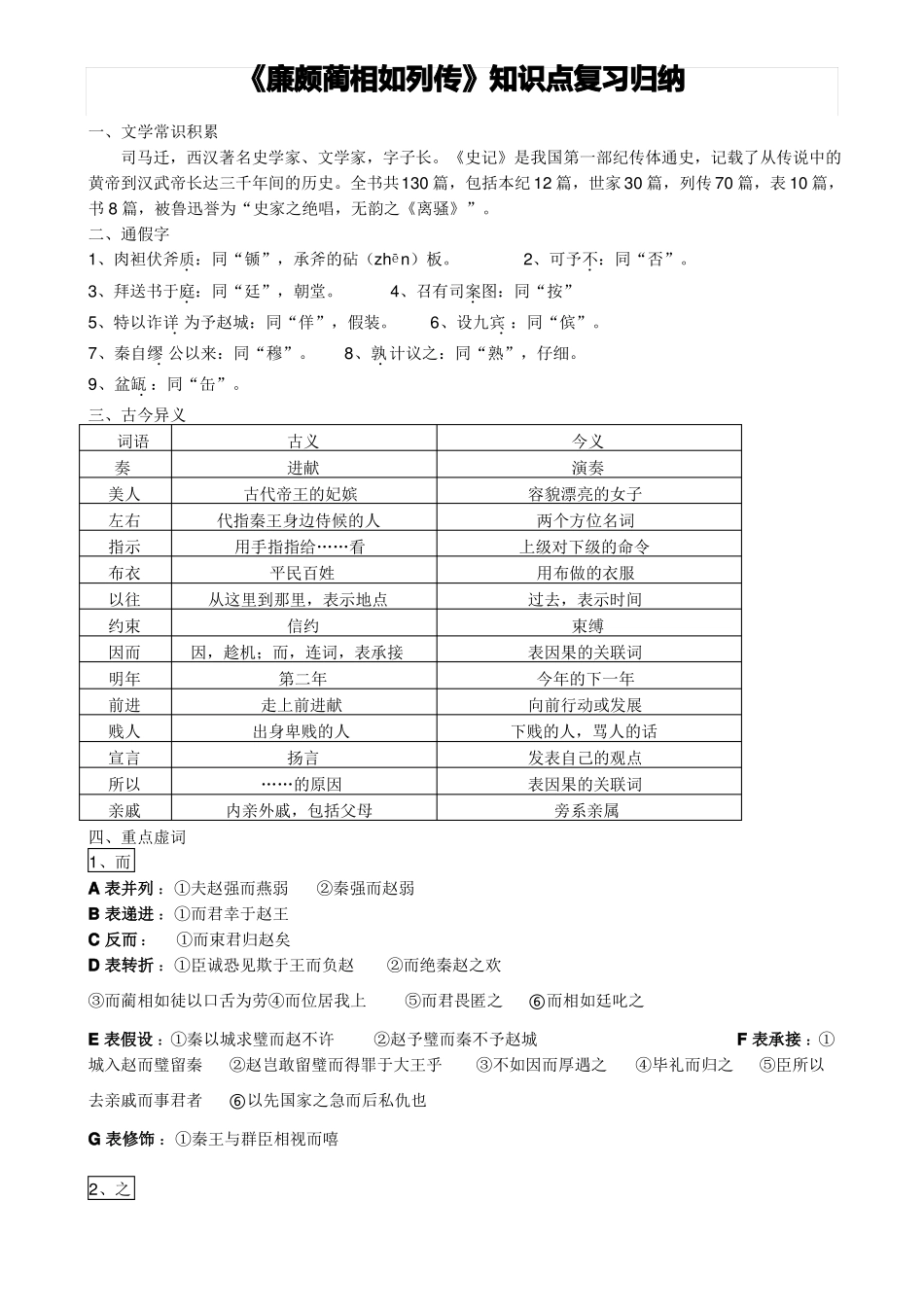 廉颇蔺相如列传知识点复习归纳_第1页