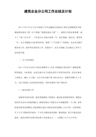 建筑企业分公司工作总结及计划