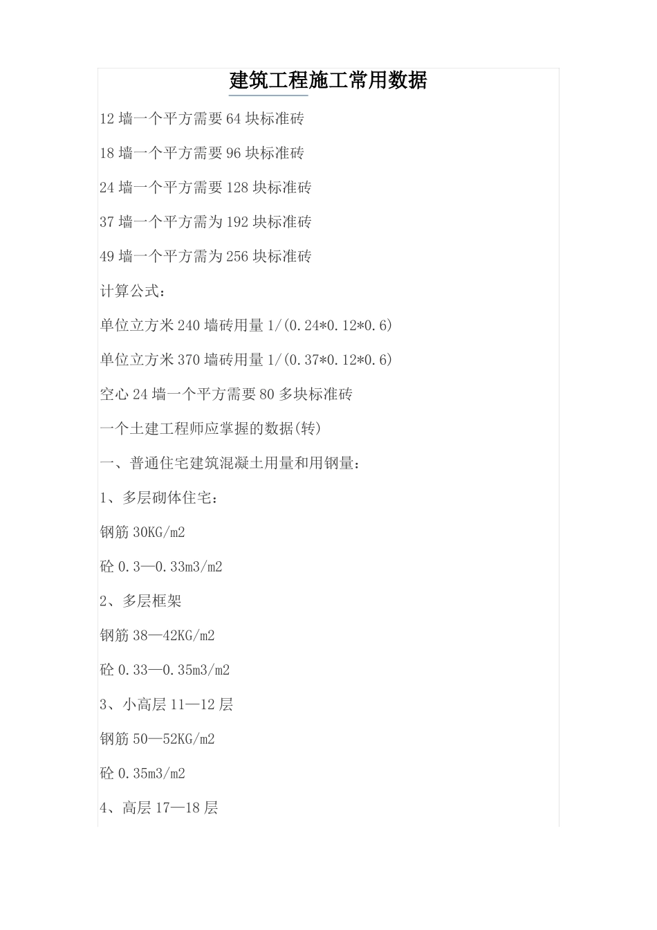 建筑工程施工常用数据_第2页