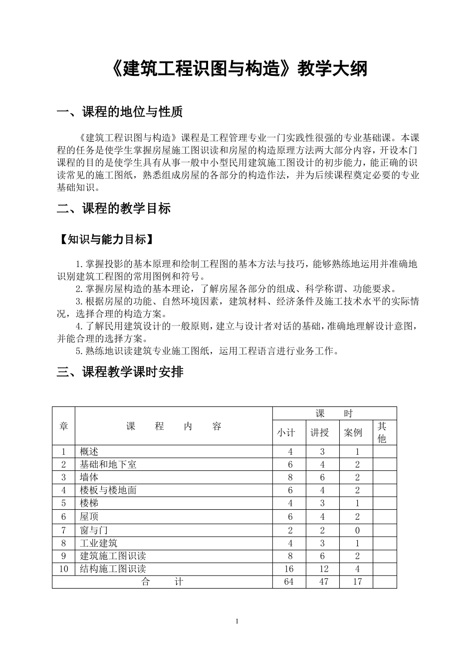 建筑工程识图与构造教学大纲_第1页