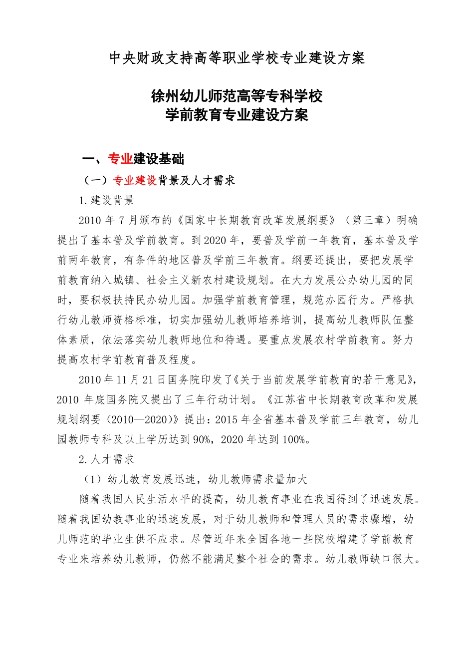 徐州幼儿师范高等专科学校学前教育专业建设方案精品推荐_第1页