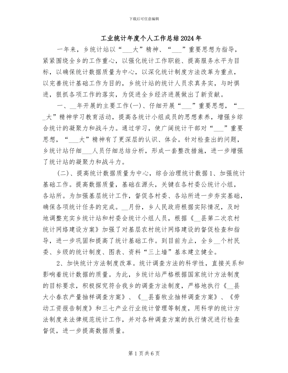 工业统计年度个人工作总结2024年_第1页