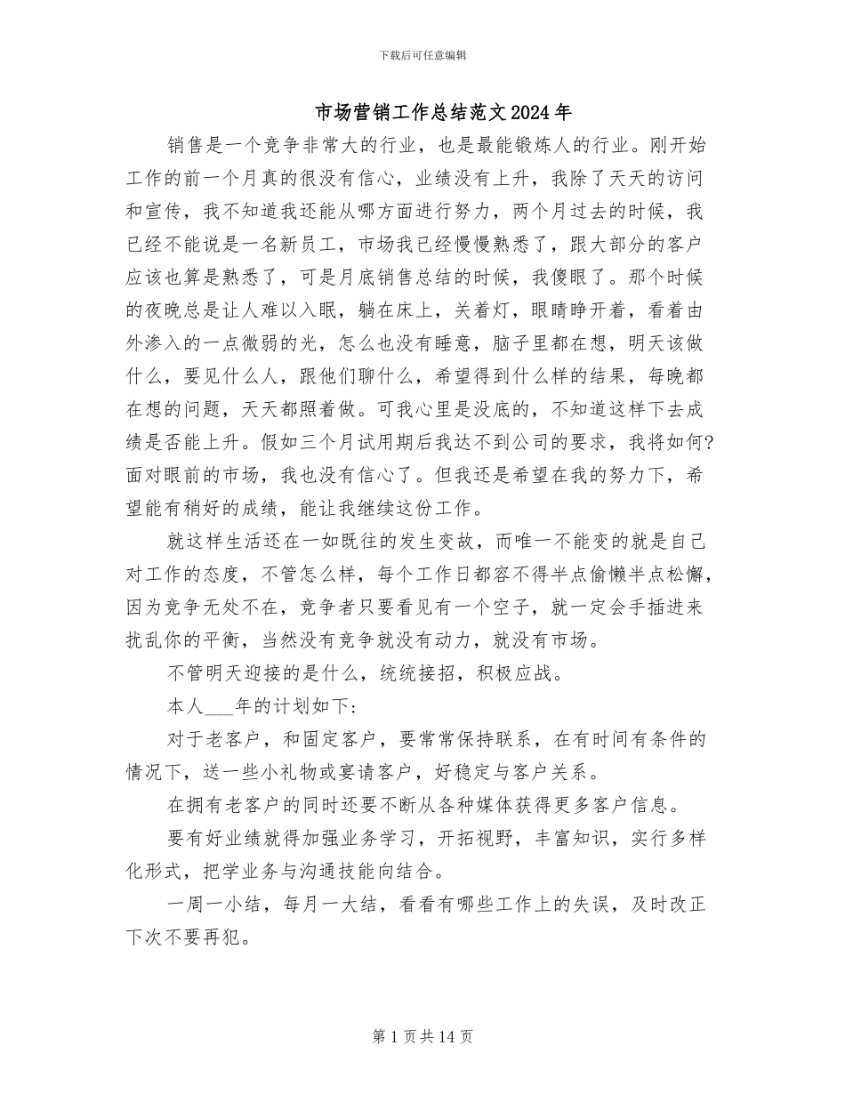 市场营销工作总结范文2024年_第1页