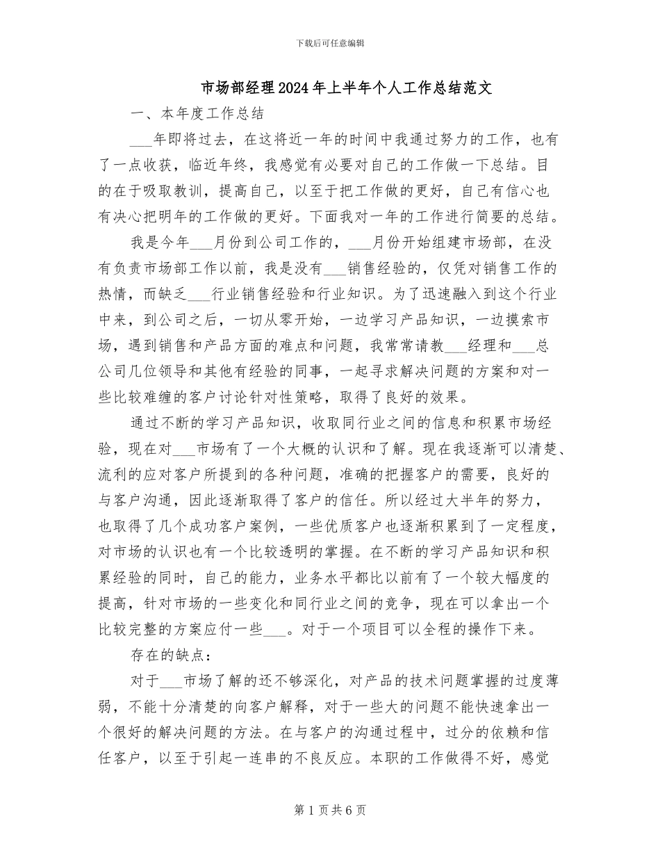 市场部经理2024年上半年个人工作总结范文_第1页
