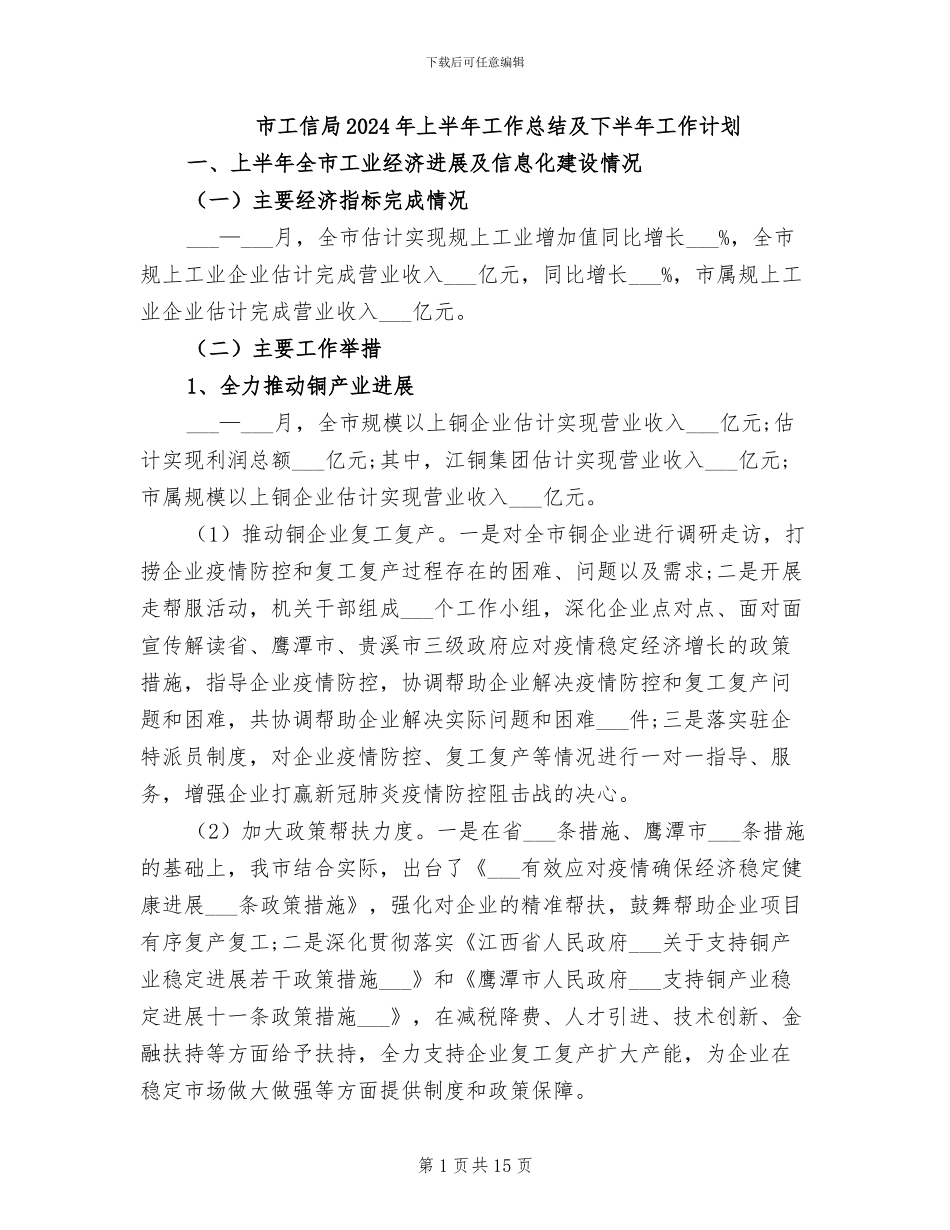市工信局2024年上半年工作总结及下半年工作计划_第1页