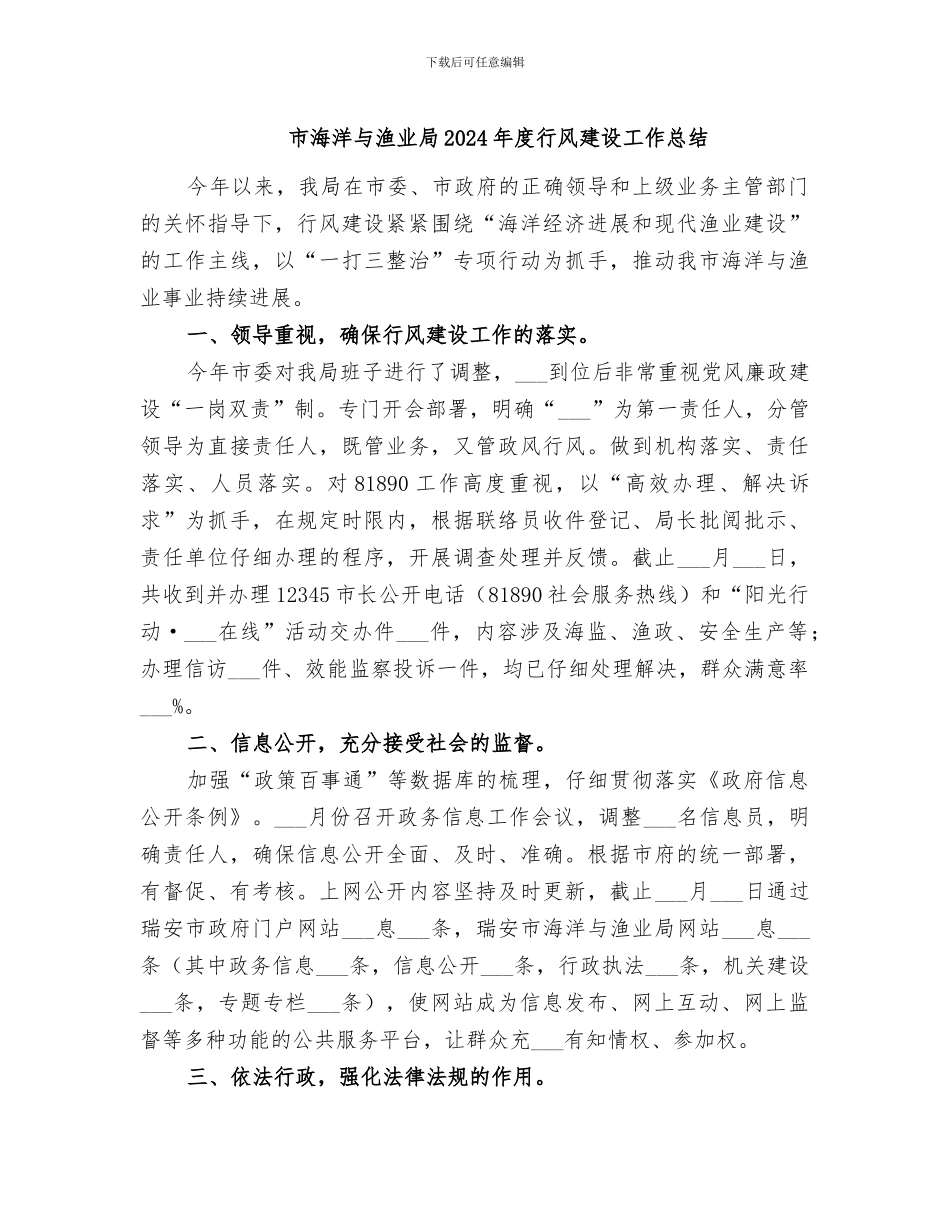 市海洋与渔业局2024年度行风建设工作总结_第1页