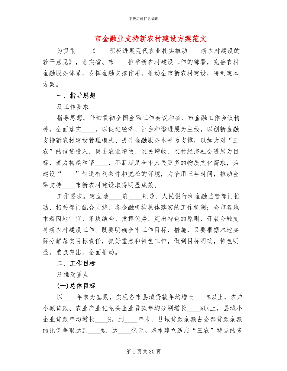 市金融业支持新农村建设方案范文_第1页