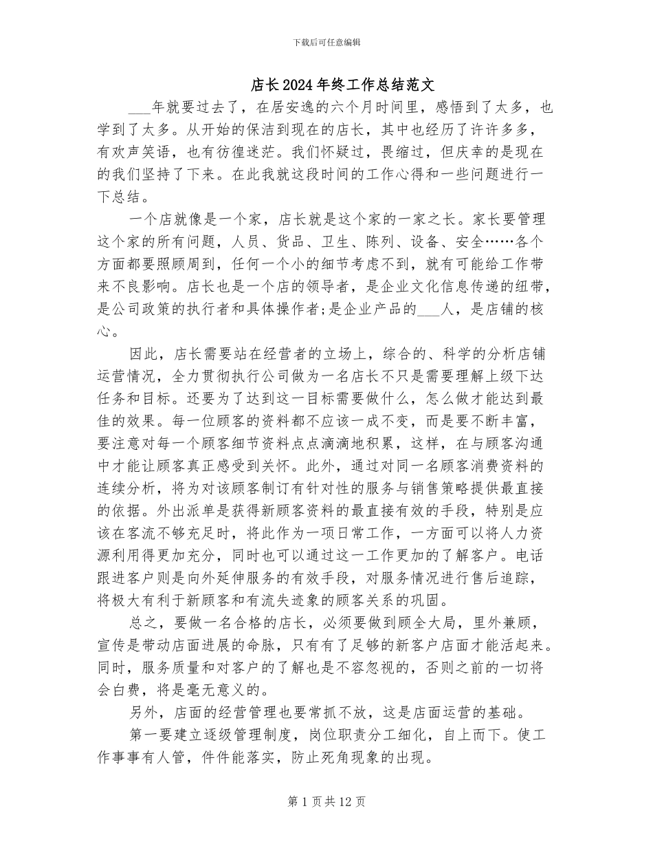 店长2024年终工作总结范文_第1页
