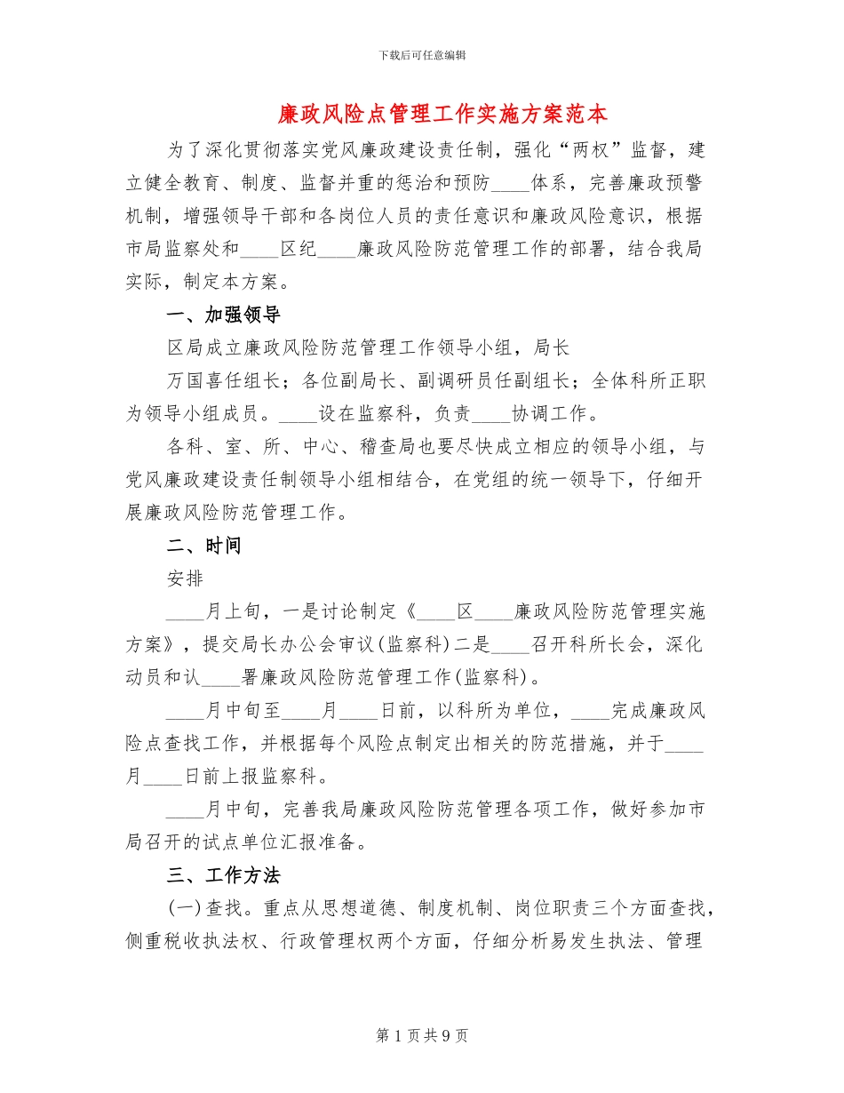 廉政风险点管理工作实施方案范本_第1页