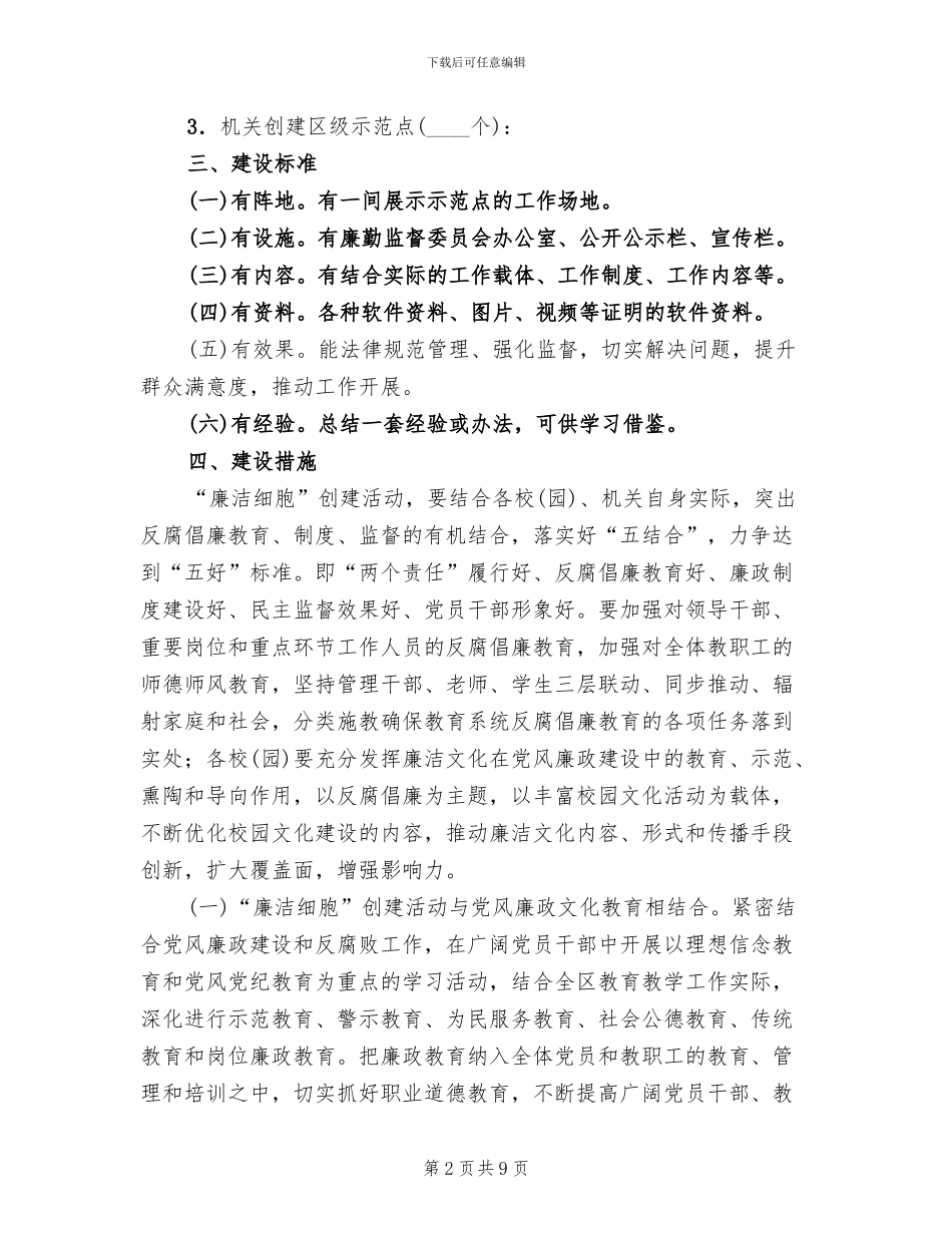 廉洁细胞示范点建设工作方案范文_第2页