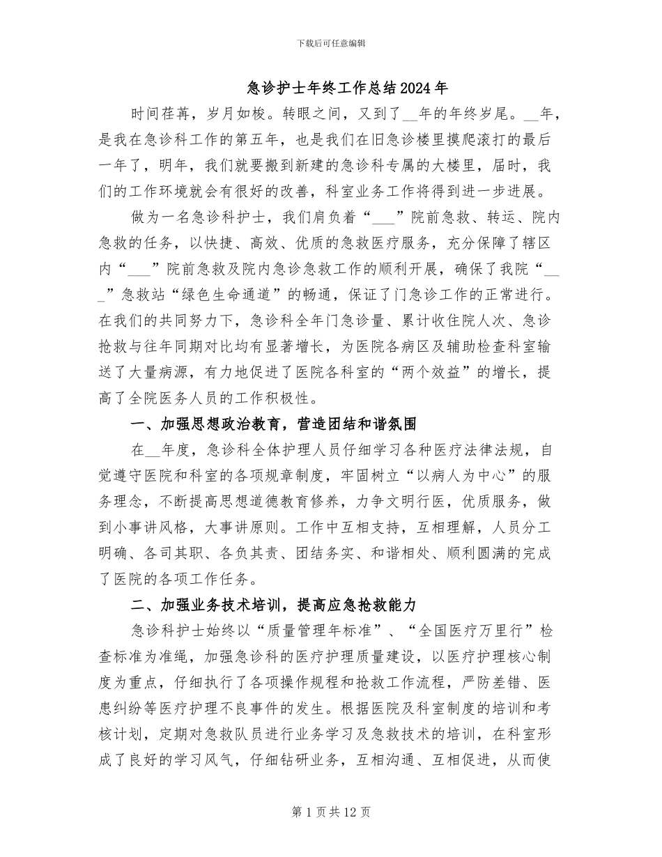 急诊护士年终工作总结2024年_第1页