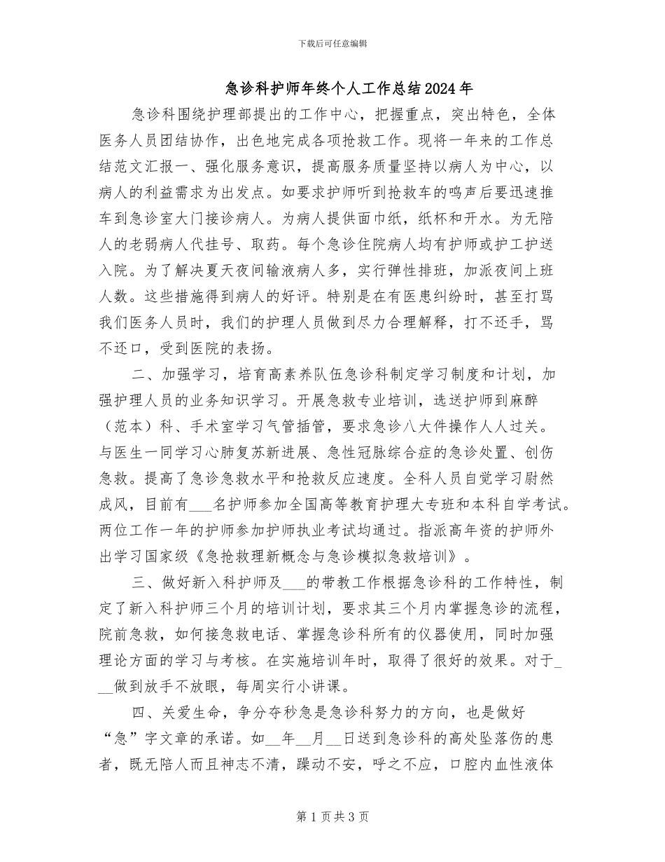 急诊科护师年终个人工作总结2024年_第1页