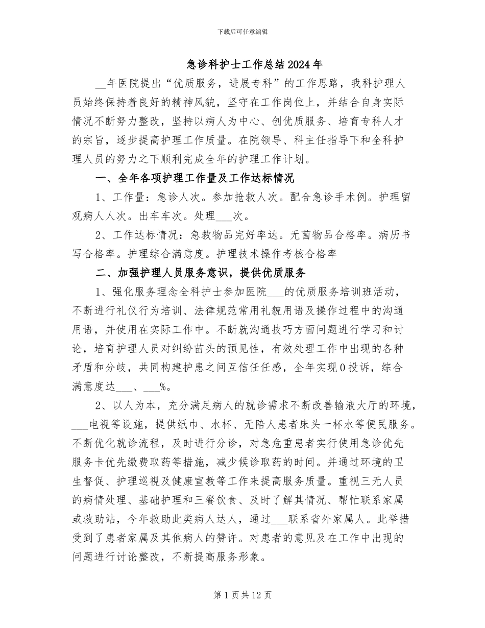 急诊科护士工作总结2024年_第1页