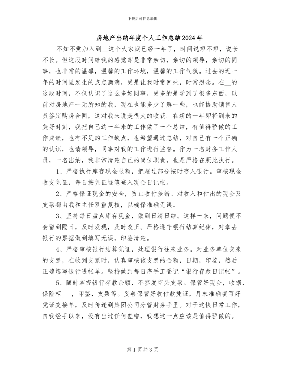 房地产出纳年度个人工作总结2024年_第1页