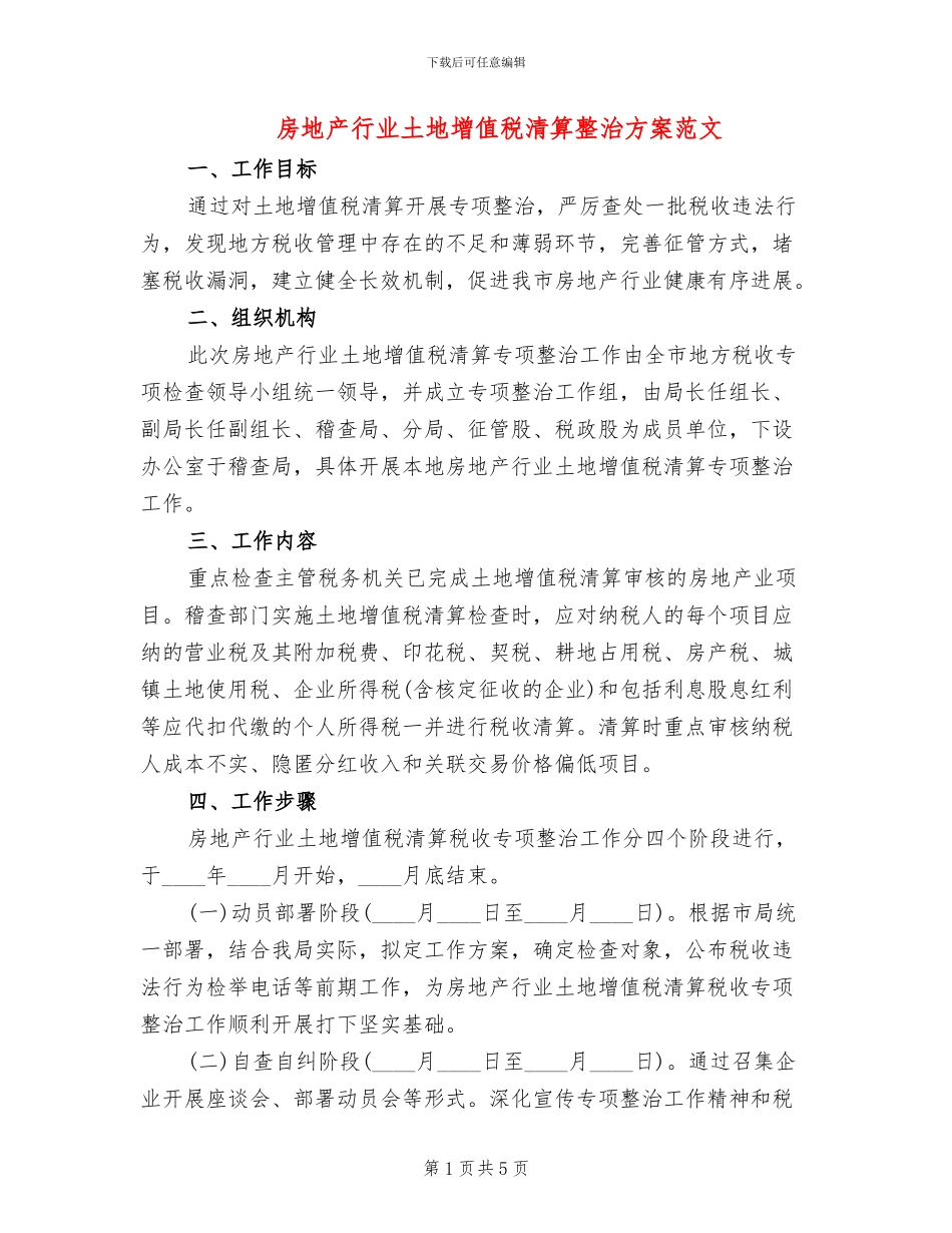 房地产行业土地增值税清算整治方案范文_第1页