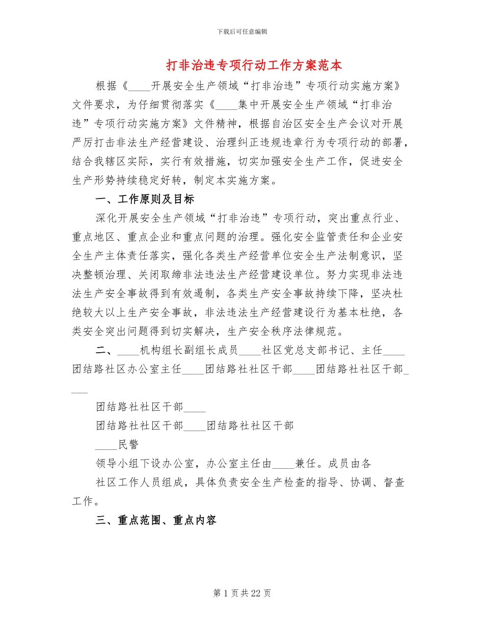打非治违专项行动工作方案范本_第1页