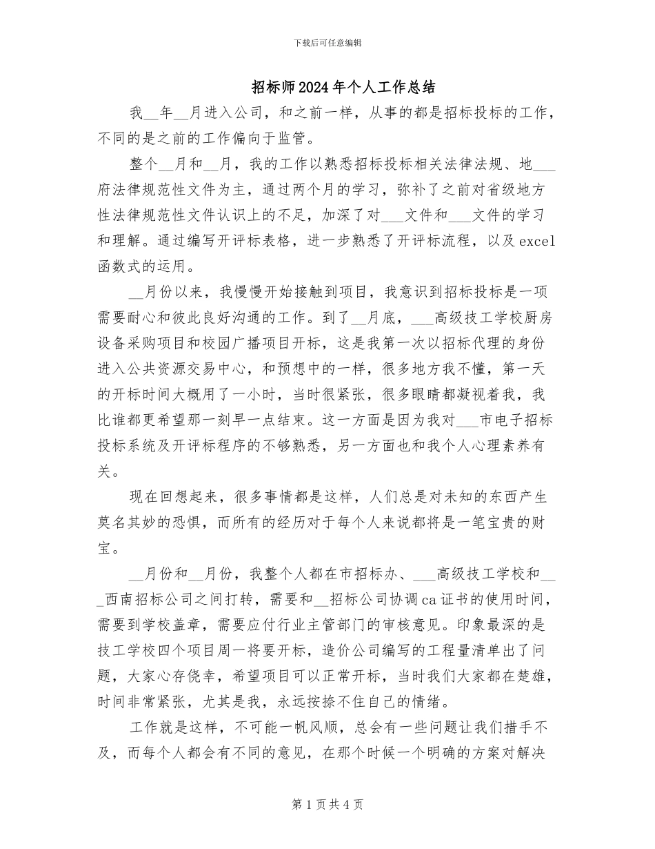 招标师2024年个人工作总结_第1页