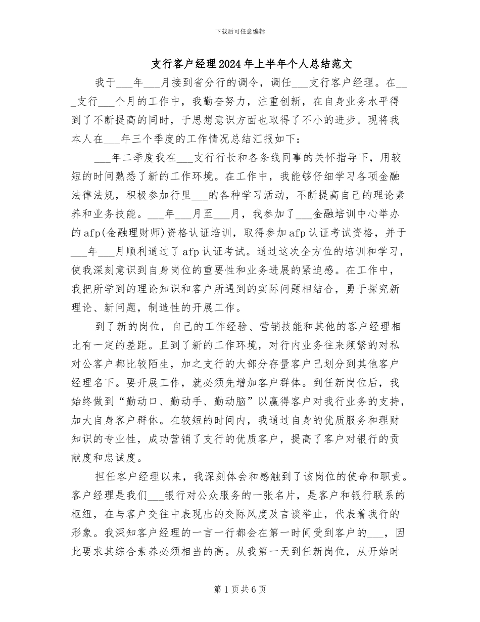 支行客户经理2024年上半年个人总结范文_第1页