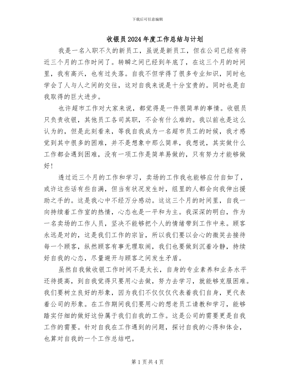 收银员2024年度工作总结与计划_第1页