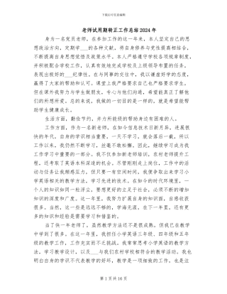 教师试用期转正工作总结2024年