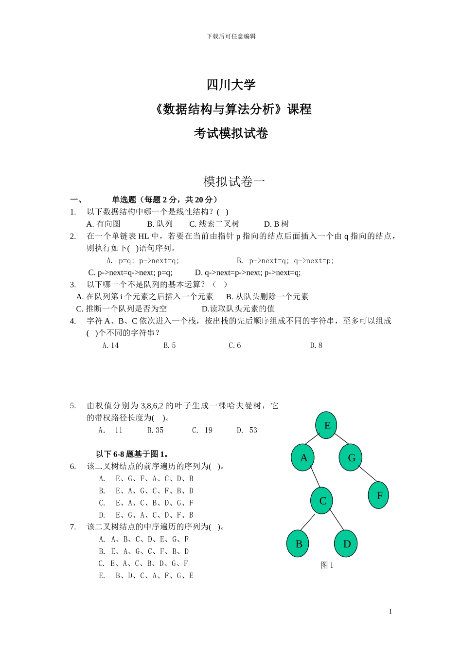 数据结构与算法分析模拟试卷_第1页