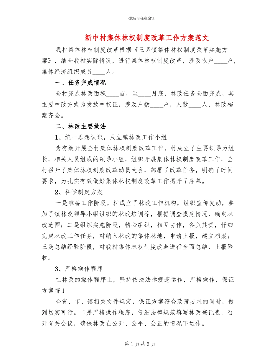 新中村集体林权制度改革工作方案范文_第1页