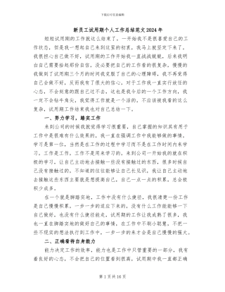 新员工试用期个人工作总结范文2024年