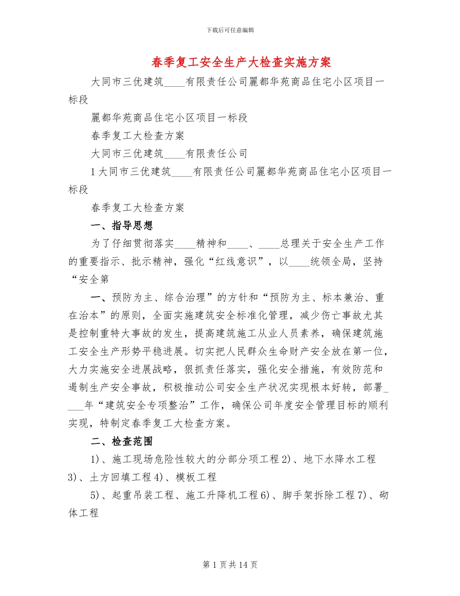 春季复工安全生产大检查实施方案_第1页