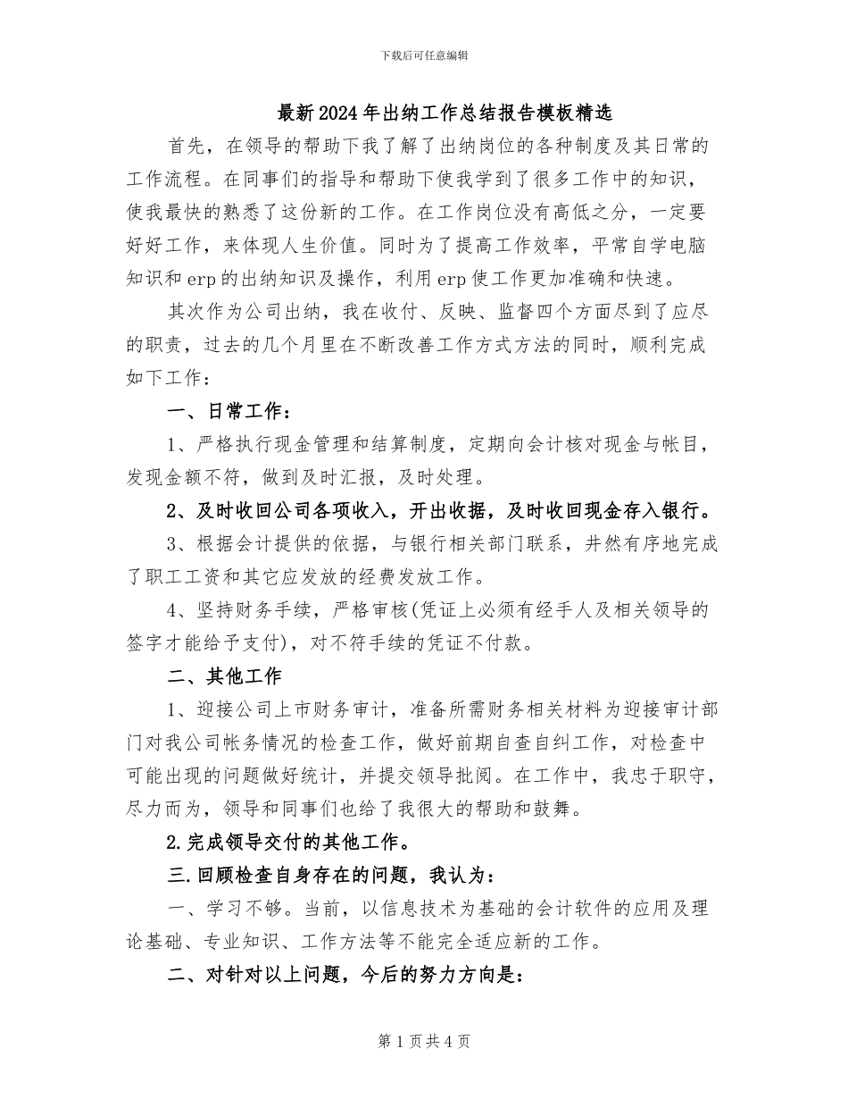 最新2024年出纳工作总结报告模板精选_第1页