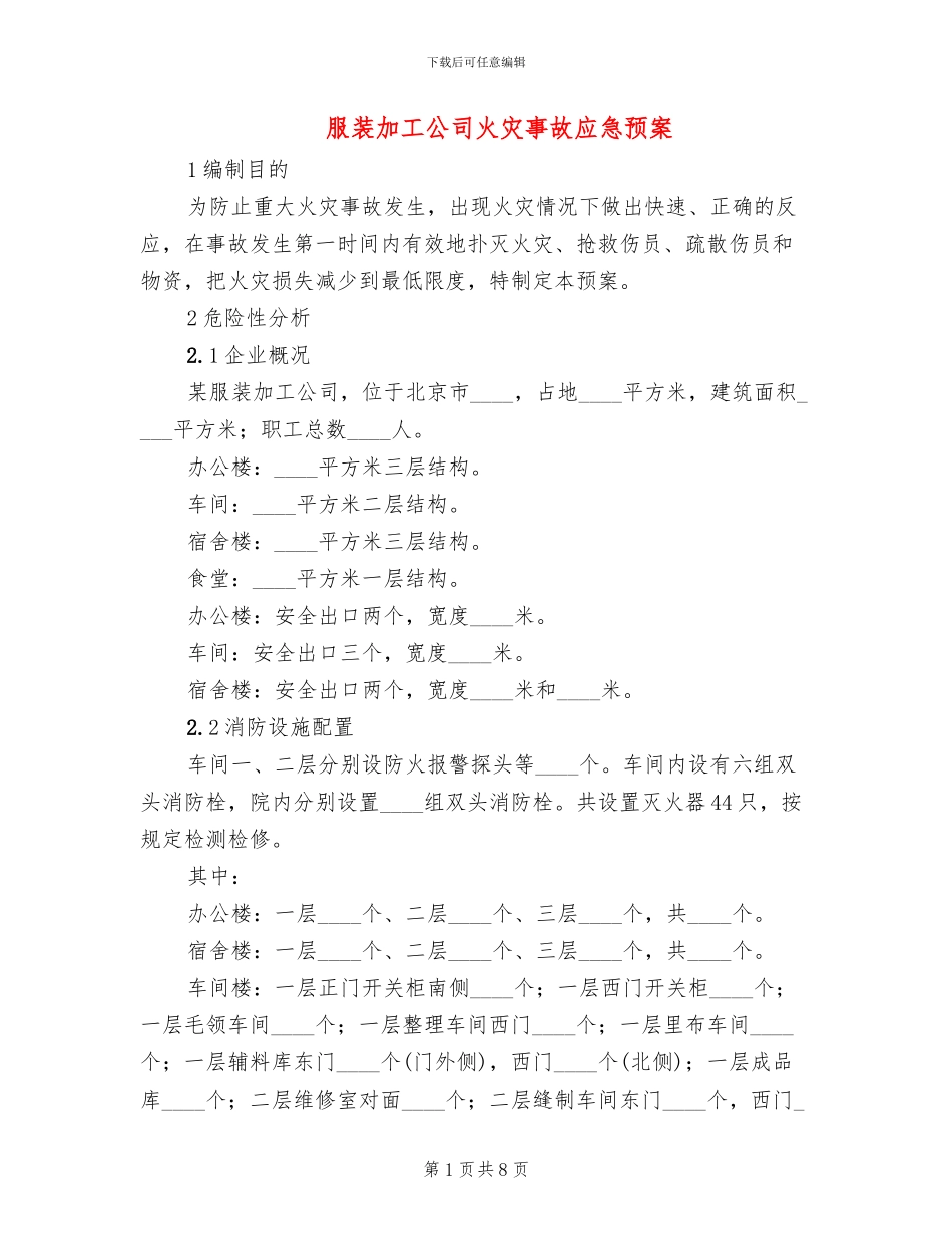 服装加工公司火灾事故应急预案_第1页