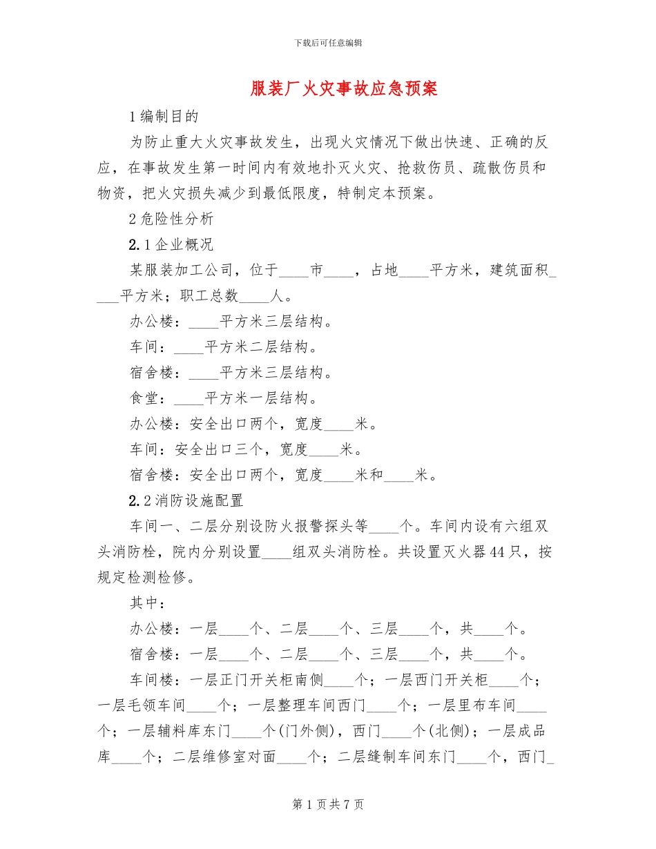 服装厂火灾事故应急预案_第1页