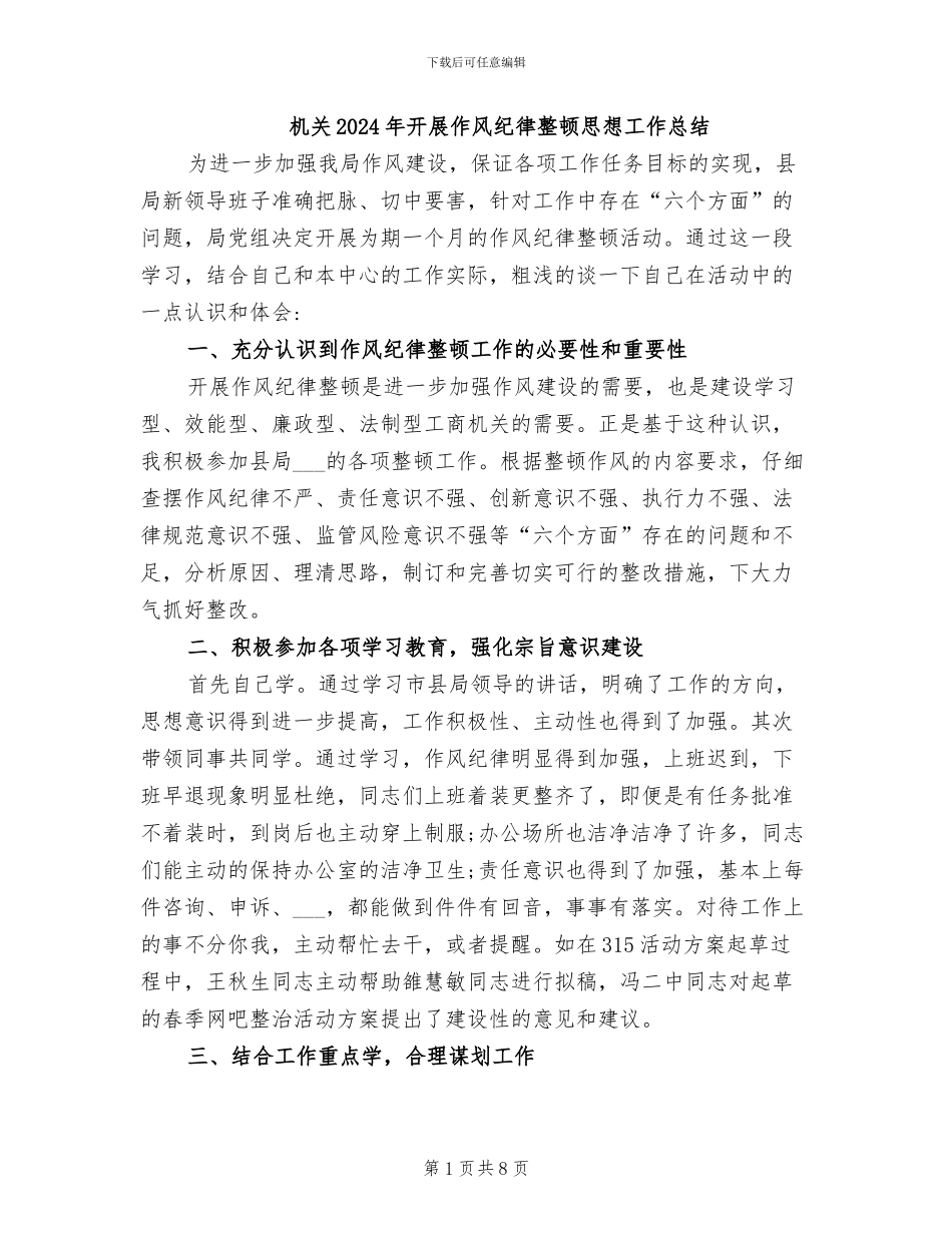 机关2024年开展作风纪律整顿思想工作总结_第1页