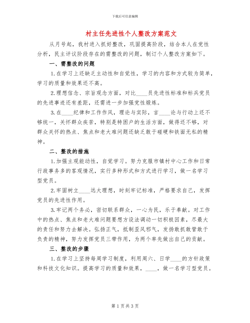 村主任先进性个人整改方案范文_第1页
