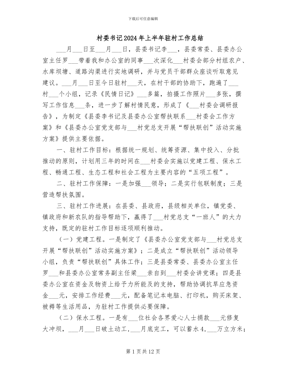 村委书记2024年上半年驻村工作总结_第1页