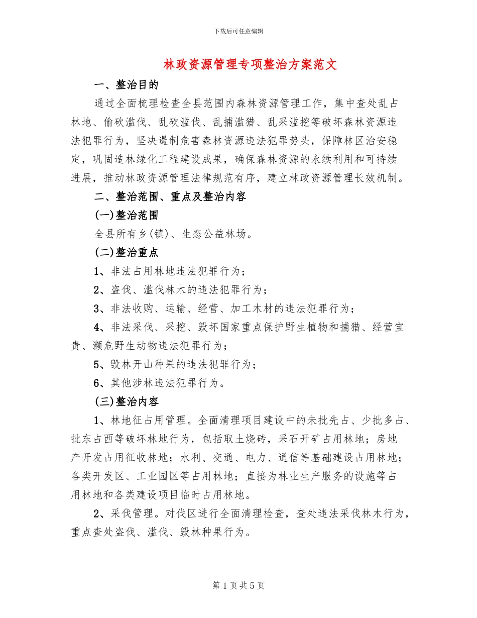 林政资源管理专项整治方案范文_第1页