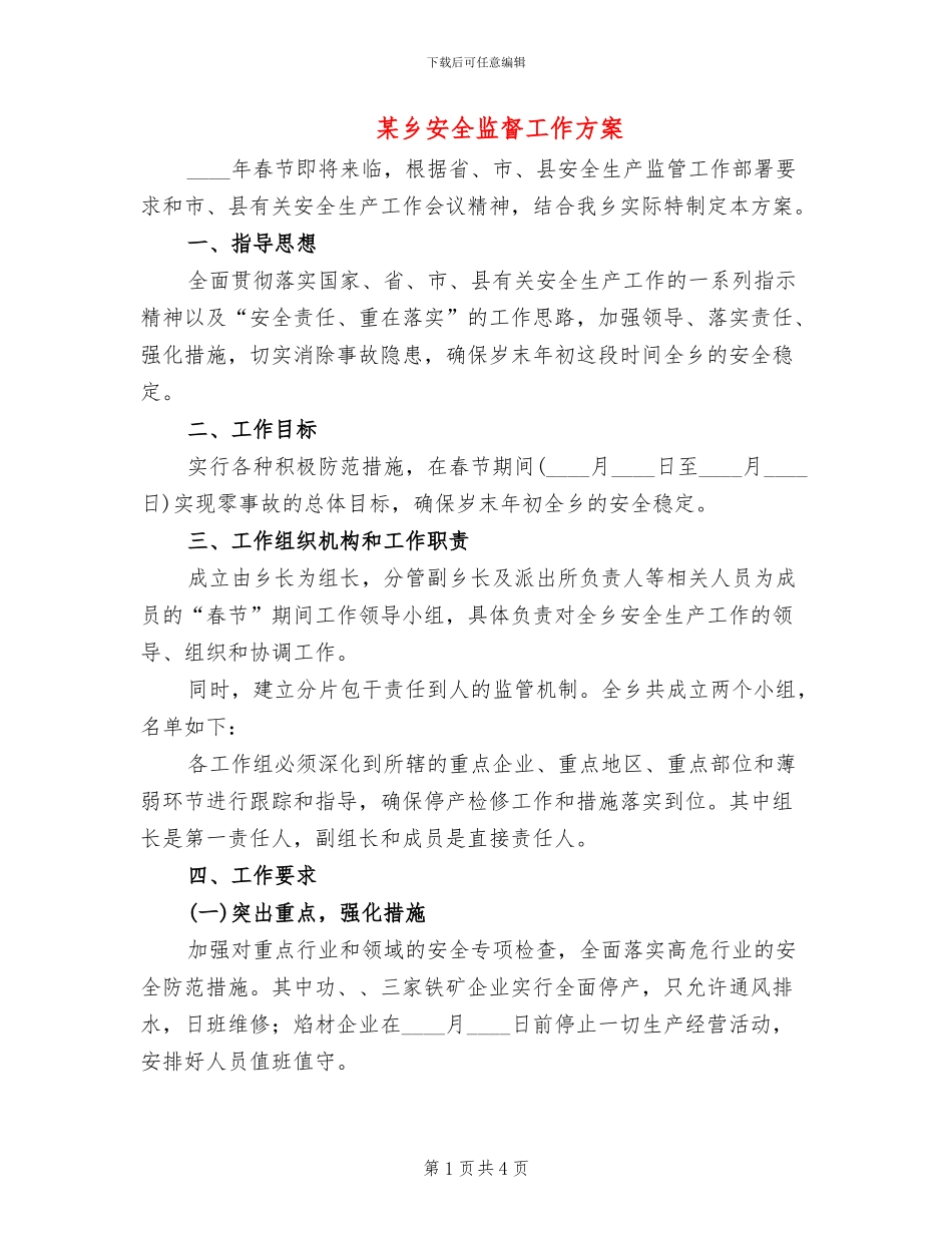 某乡安全监督工作方案_第1页