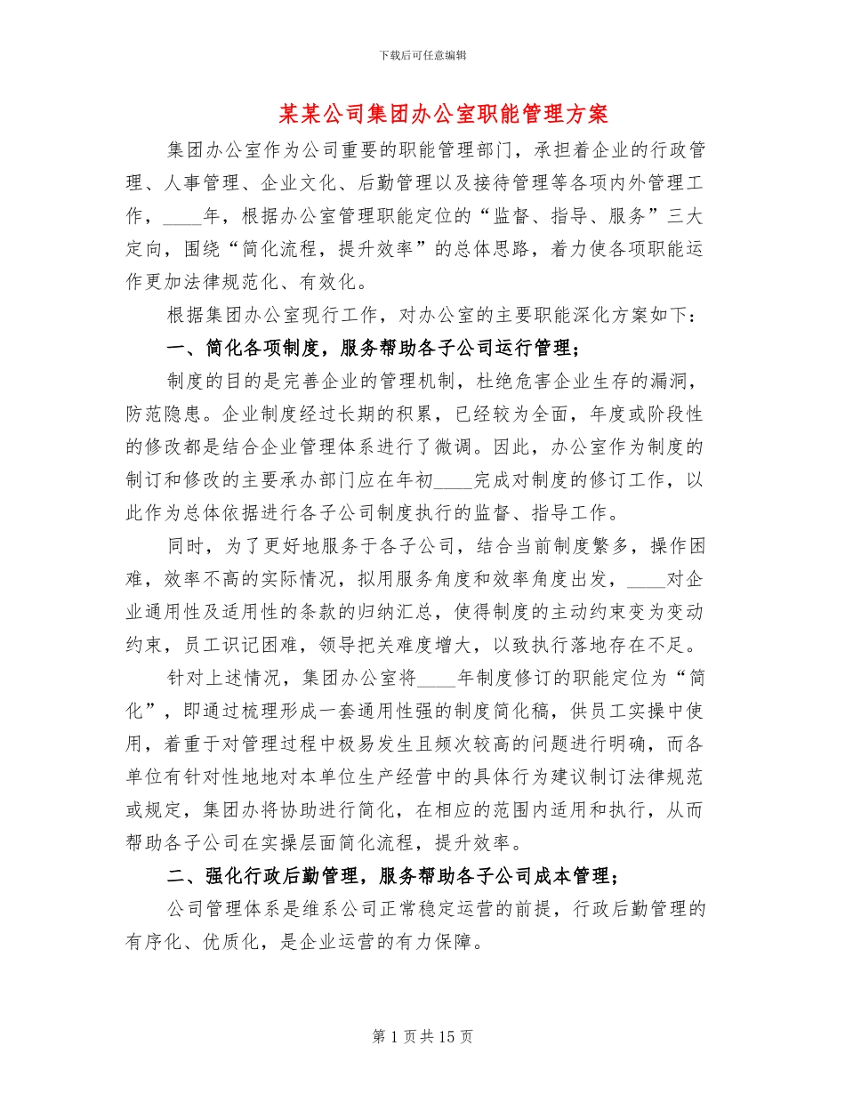 某某公司集团办公室职能管理方案_第1页