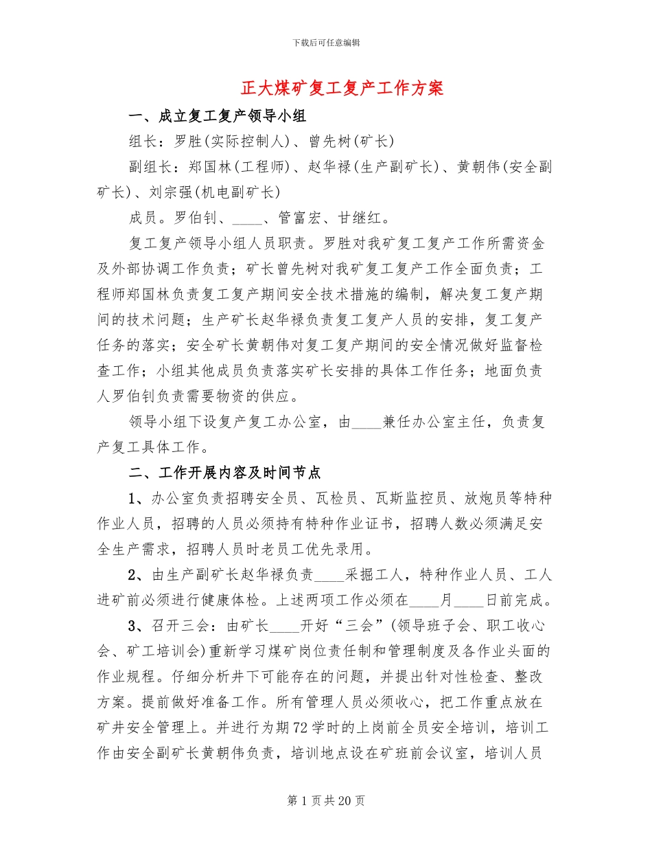 正大煤矿复工复产工作方案_第1页