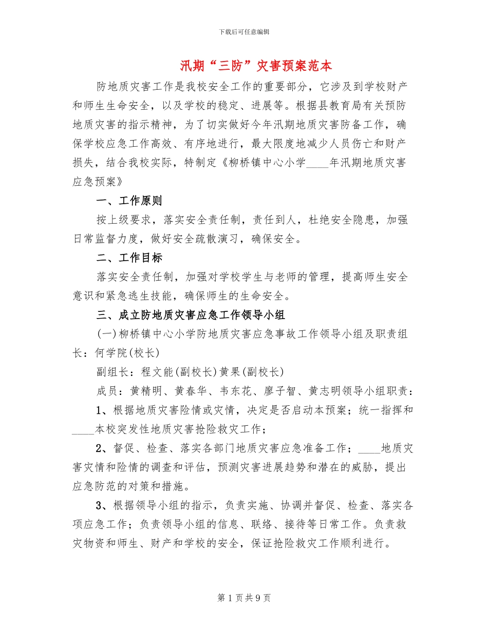 汛期“三防”灾害预案范本_第1页
