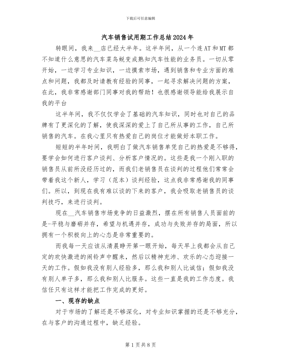 汽车销售试用期工作总结2024年_第1页