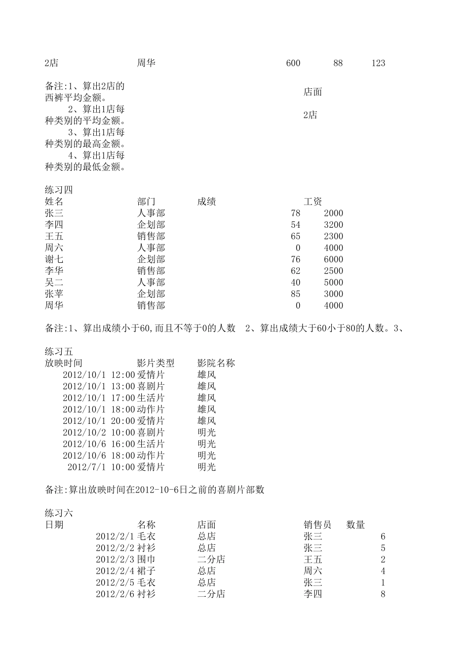 EXCEL函数的练习题(精华)_第2页
