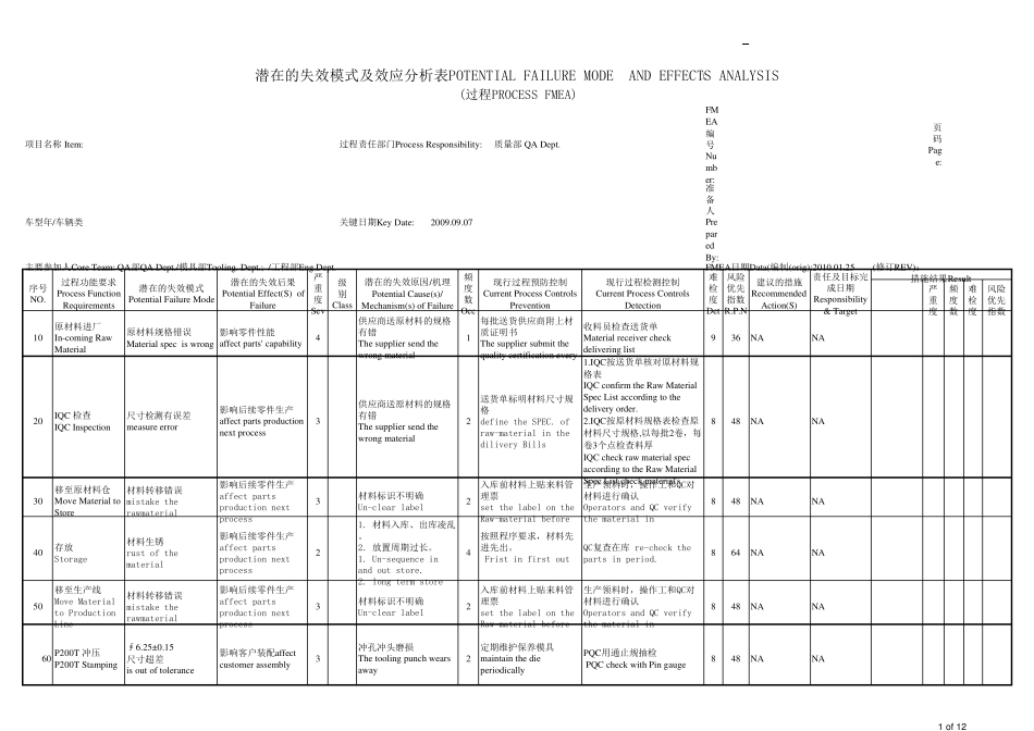 FMEA潜在失效模式及分析标准表格模版_第1页