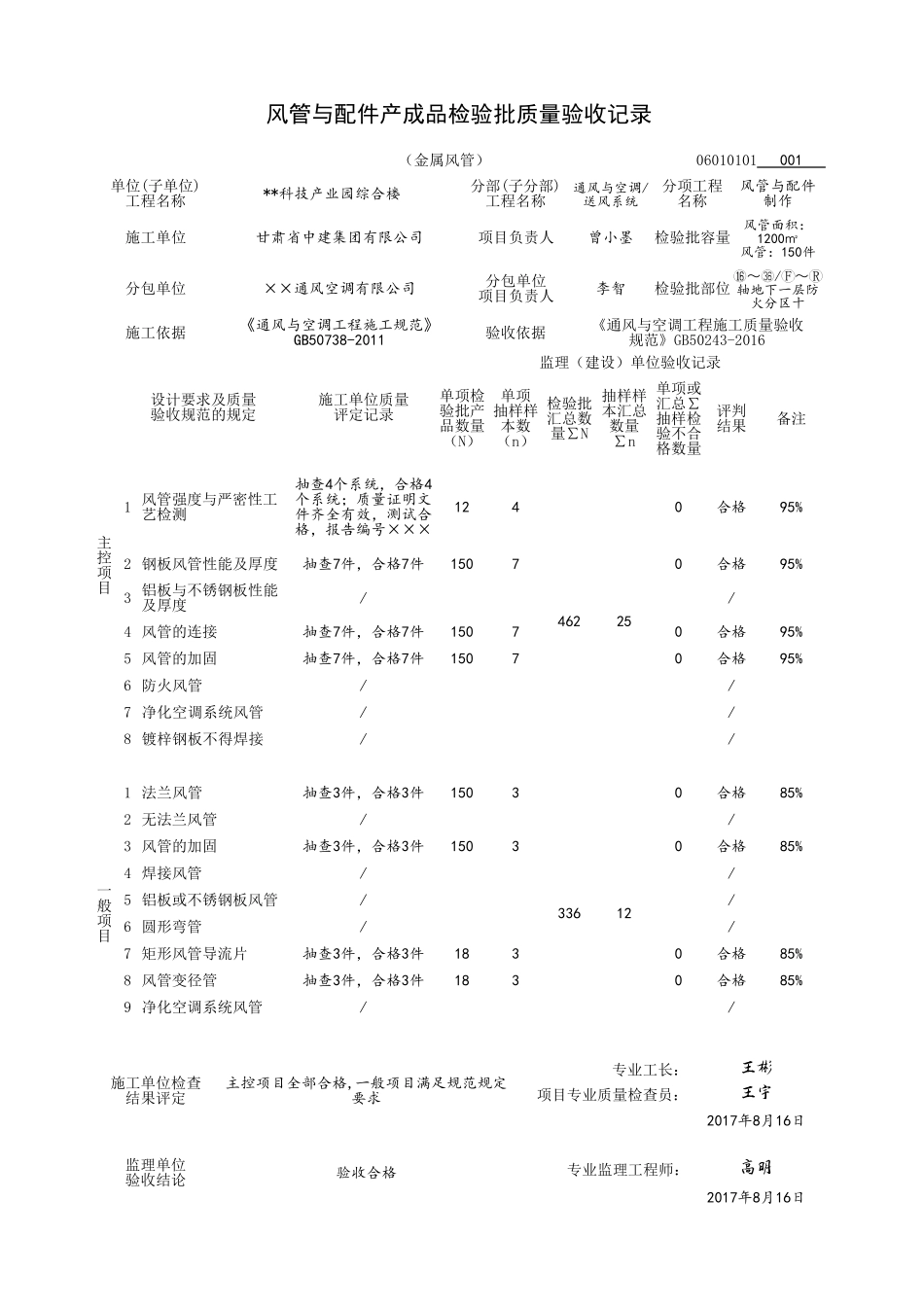 GB502432016通风与空调工程施工质量验收规范填写范例样表_第1页