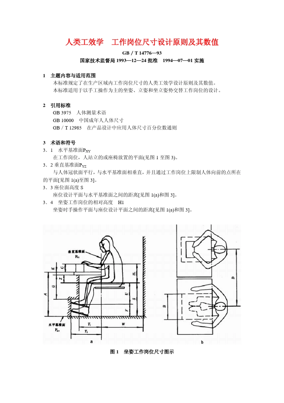 GBT147761993人类工效学工作岗位尺寸设计原则及其数值_第1页